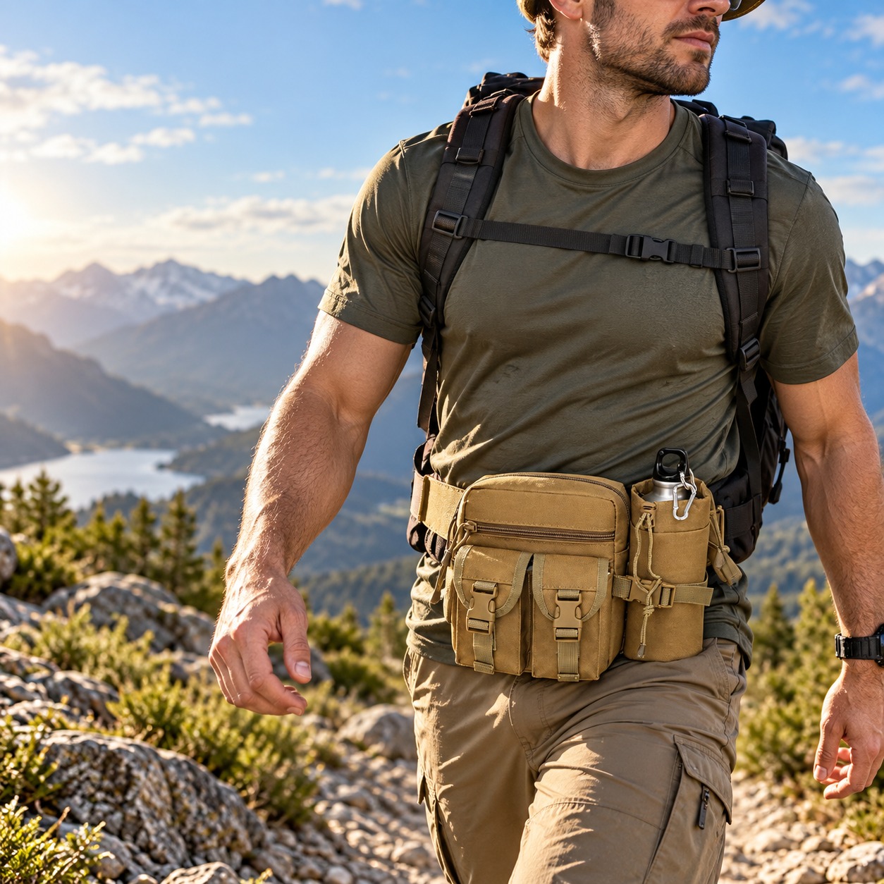 Outdoor Hunting Packs - กระเป๋าคาดเอวอเนกประสงค์แบบยุทธวิธี กันน้ำ พร้อมช่องใส่กระติกน้ำ สำหรับกิจกรรมกลางแจ้ง แคมป์ปิ้ง เดินป่า