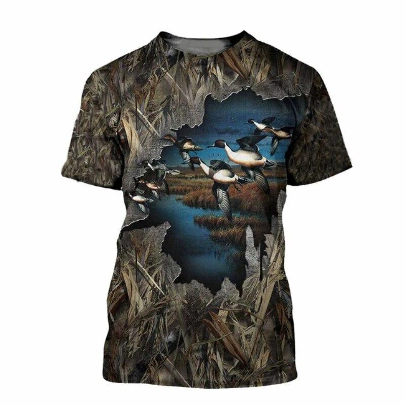 Outdoor Hunting Graphic Tees - เสื้อยืดพิมพ์ลาย 3D ลายพรางล่าเป็ดสำหรับผู้ชาย ลายกราฟิกสัตว์ป่าในพื้นที่ชุ่มน้ำ แขนสั้น ลำลองสำหรับกิจกรรมกลางแจ้งในฤดูร้อน