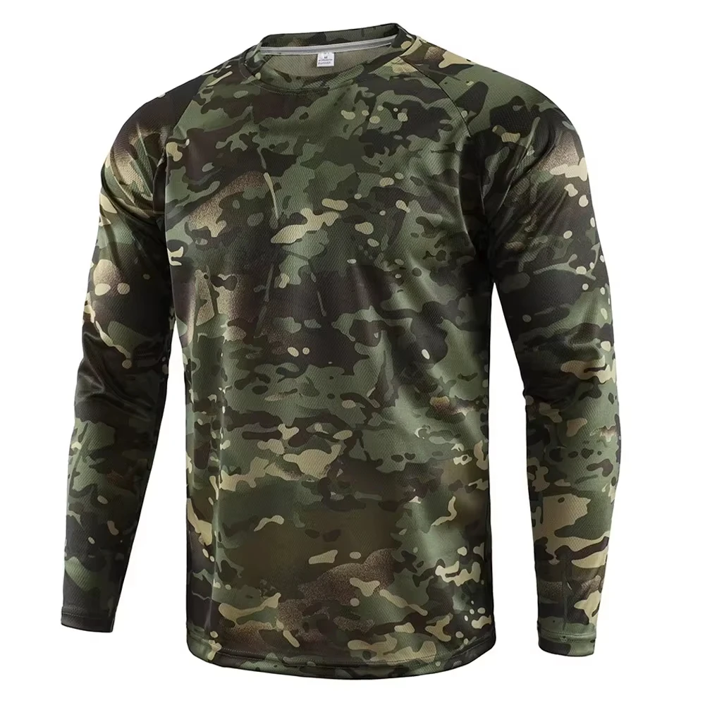 Outdoor Hunting Graphic Tees - เสื้อยืดแขนยาวผู้ชาย คอกลม ผ้าโพลีเอสเตอร์ พิมพ์ลายกราฟิก 3D ลายพราง